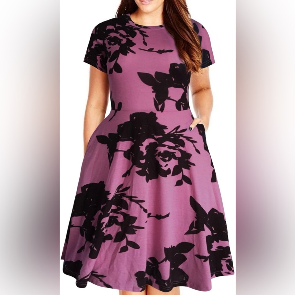 Women's Round Neck Summer Casual Plus Size Fit and Flare Midi Dress with Pocket